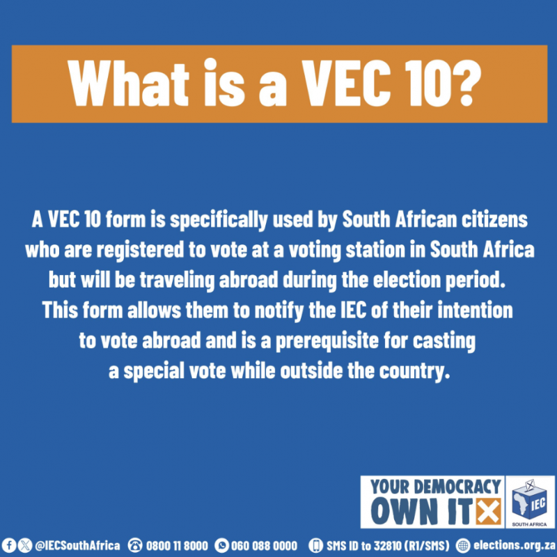A VEC 10 form is specifically used by South African citizens who are registered to vote at a voting station in South Africa but will be travelling abroad during the election period. This form allows them to notify the IEC of their intention to vote abroad and is a pre-requisite for casting a special vote while outside the country.